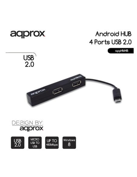 HUB 4 PTOS USB 2.0 APPROX OTG  CONEXION MICRO USB NEGRO PN: APPHM4B EAN: 8435099514169