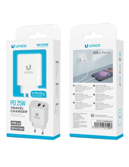 CARGADOR 25W ENCHUFE 1 X USB   , 1 X USB TYPE C BLANCO PN: HC1700 EAN: 8435719617003   