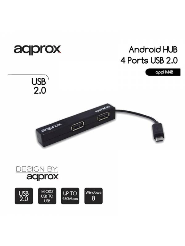 HUB 4 PTOS USB 2.0 APPROX OTG  CONEXION MICRO USB NEGRO PN: APPHM4B EAN: 8435099514169
